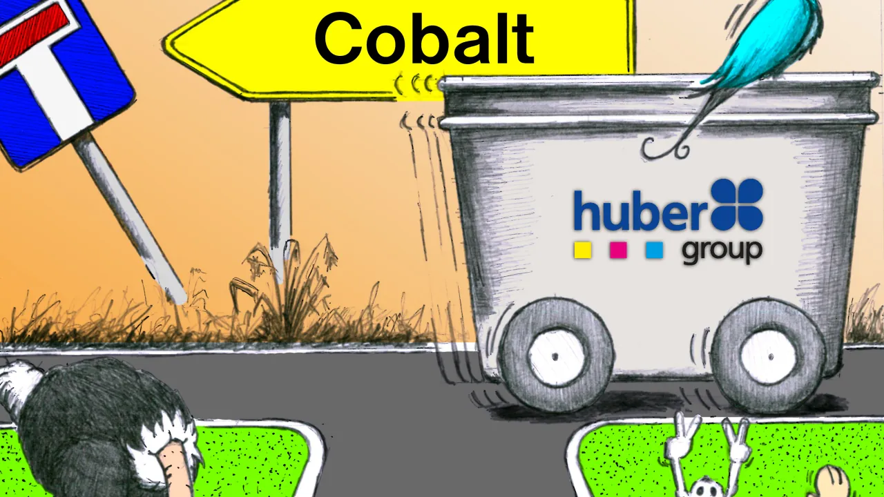 Cartoon: a hubergroup ink cart drives past a signpost marked Cobalt