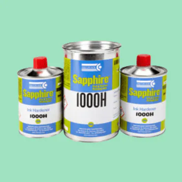 Three tins labelled Sapphire Ink Hardener 1000H