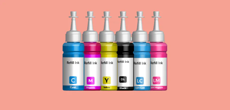 Six bottles of refill ink in cyan, magenta, yellow, black, light cyan and light magenta